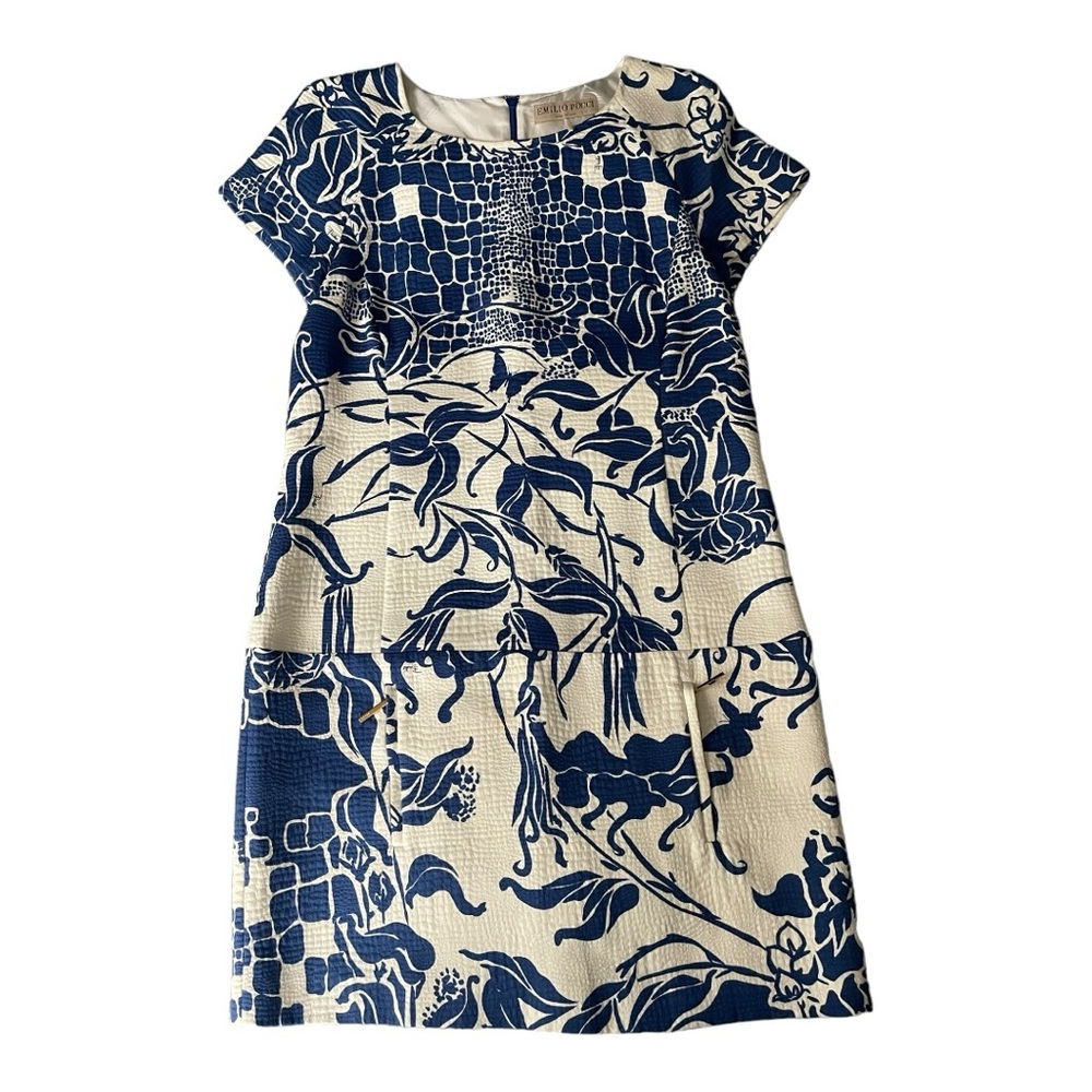 Emilio Pucci Blue Floral Cap Sleeve Shift Dress 12